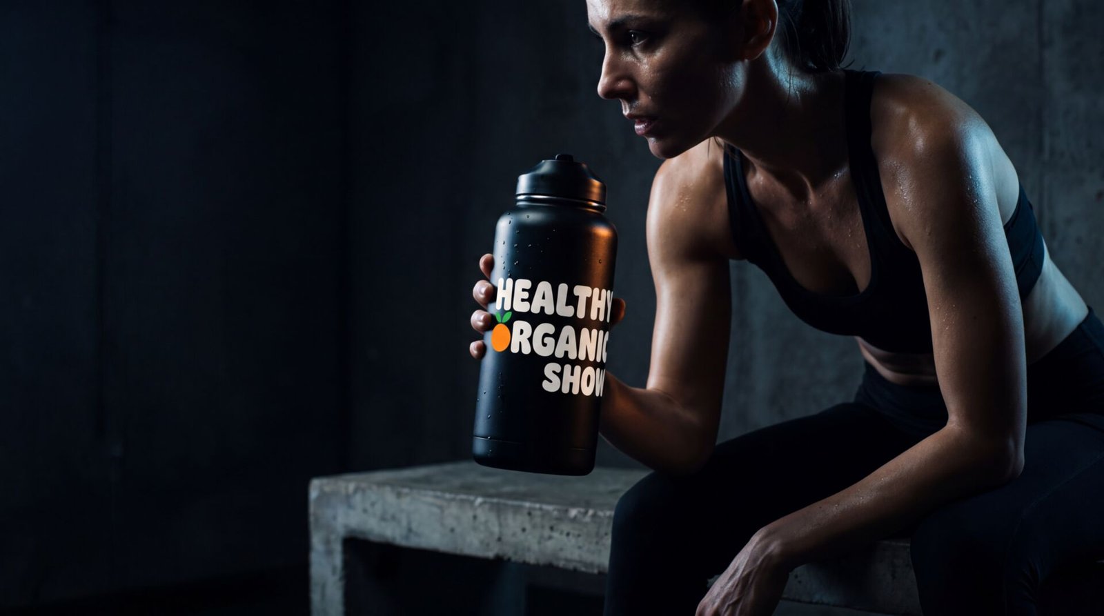 An athlete resting beside a Healthy Organic Show water bottle after an early morning training session