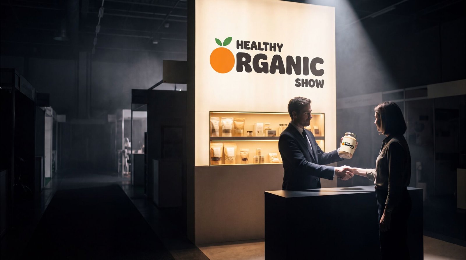 An exhibitor and a buyer shaking hands over a product sample at a lit Healthy Organic Show stand