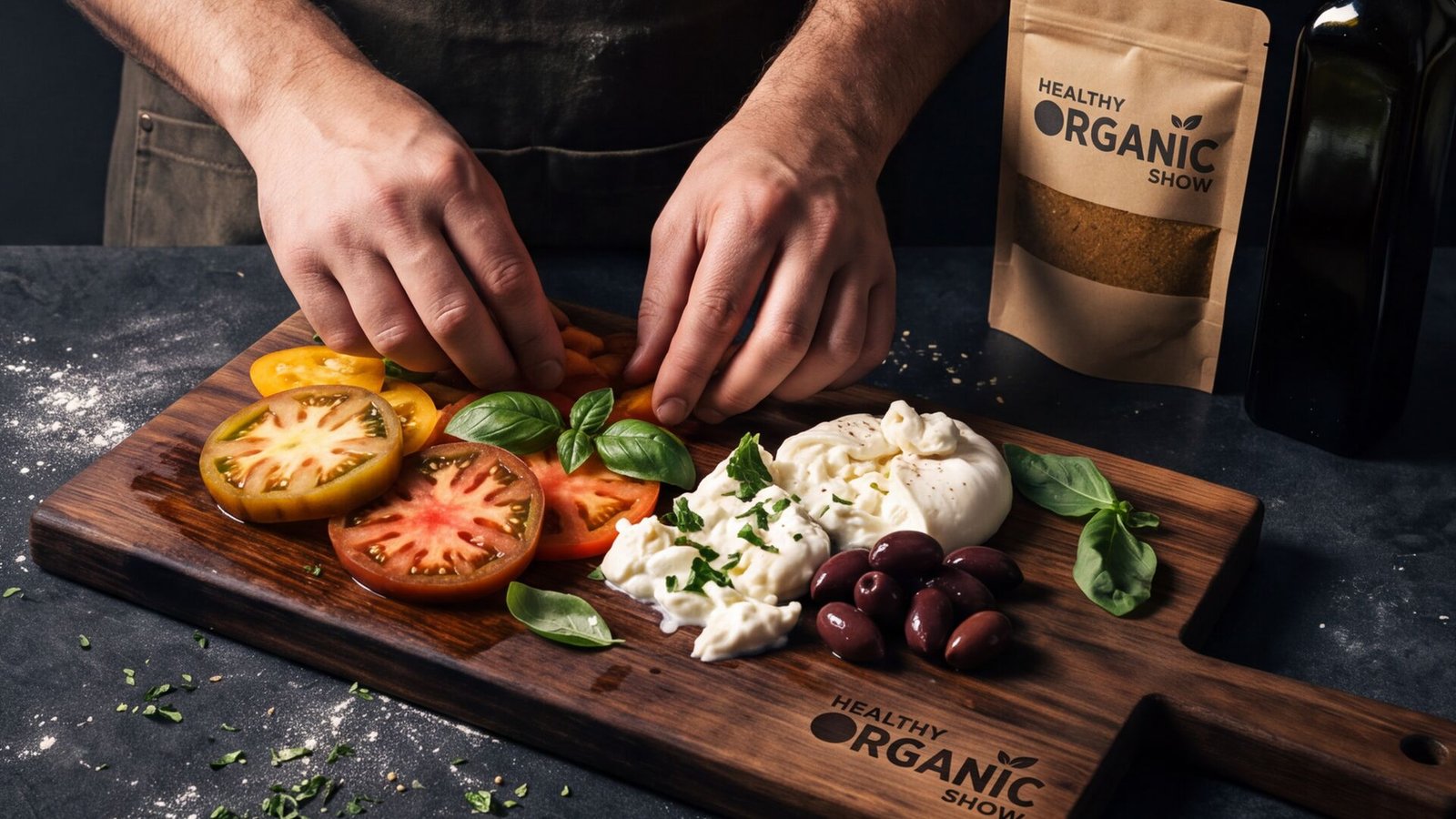 A chef in a Healthy Organic Show apron plating heirloom tomatoes and mozzarella on a wooden board