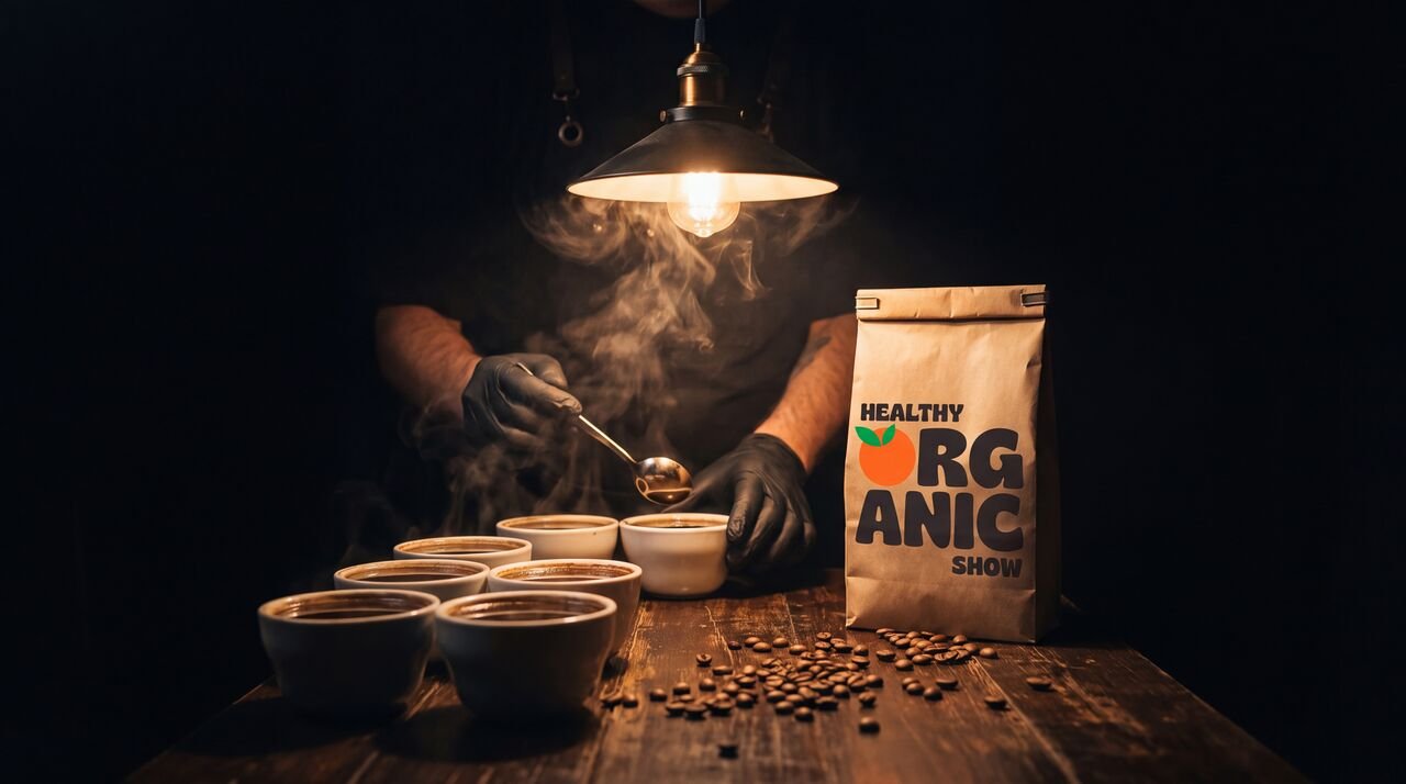 A cupping table of organic coffee samples beside a kraft sample pouch