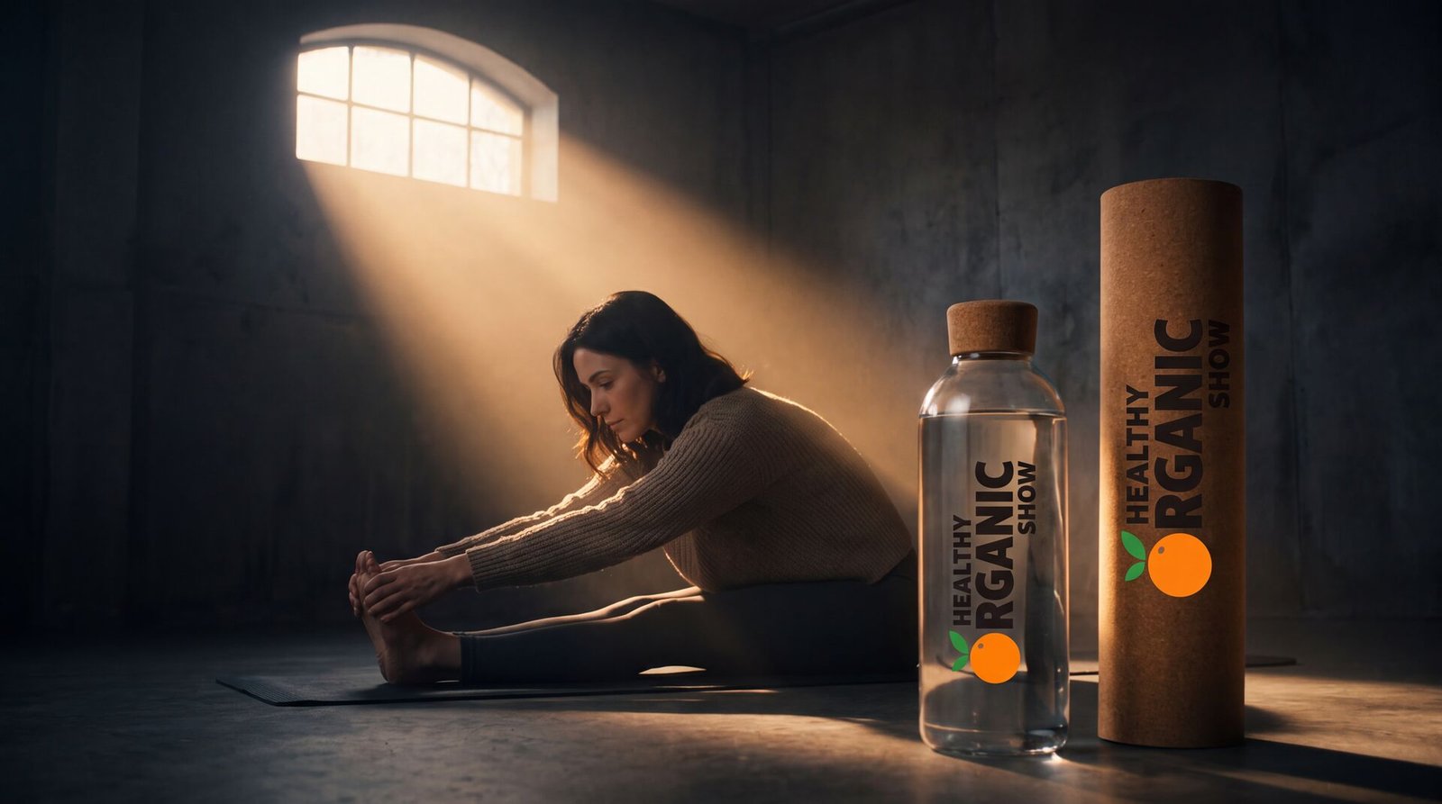 A woman stretching on a mat at sunrise beside a Healthy Organic Show glass bottle and cork mat