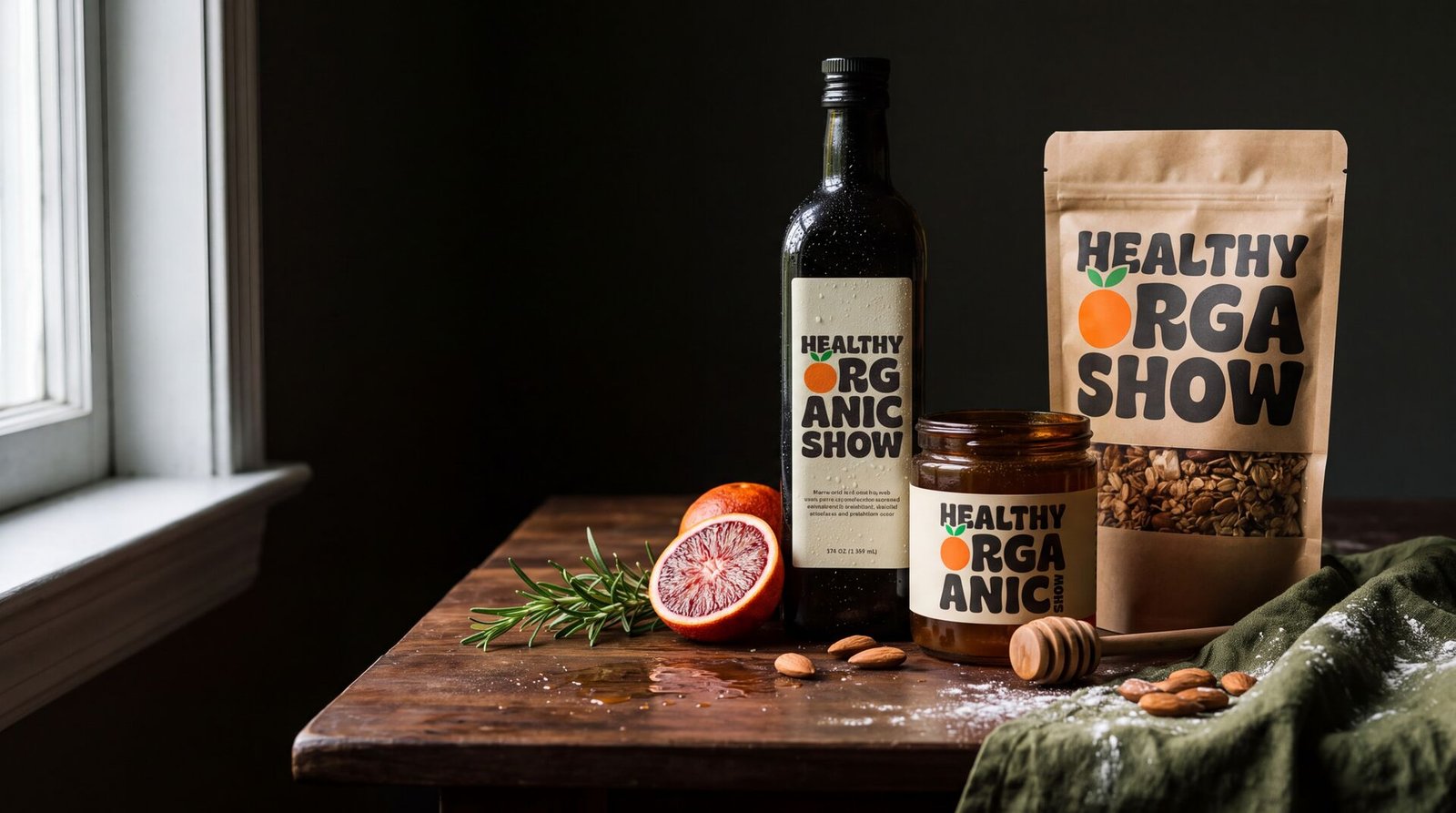 Organic olive oil, honey and granola packaging arranged on a wooden table in window light