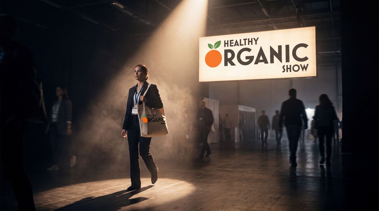 A trade buyer walking into the Healthy Organic Show hall under the illuminated show sign